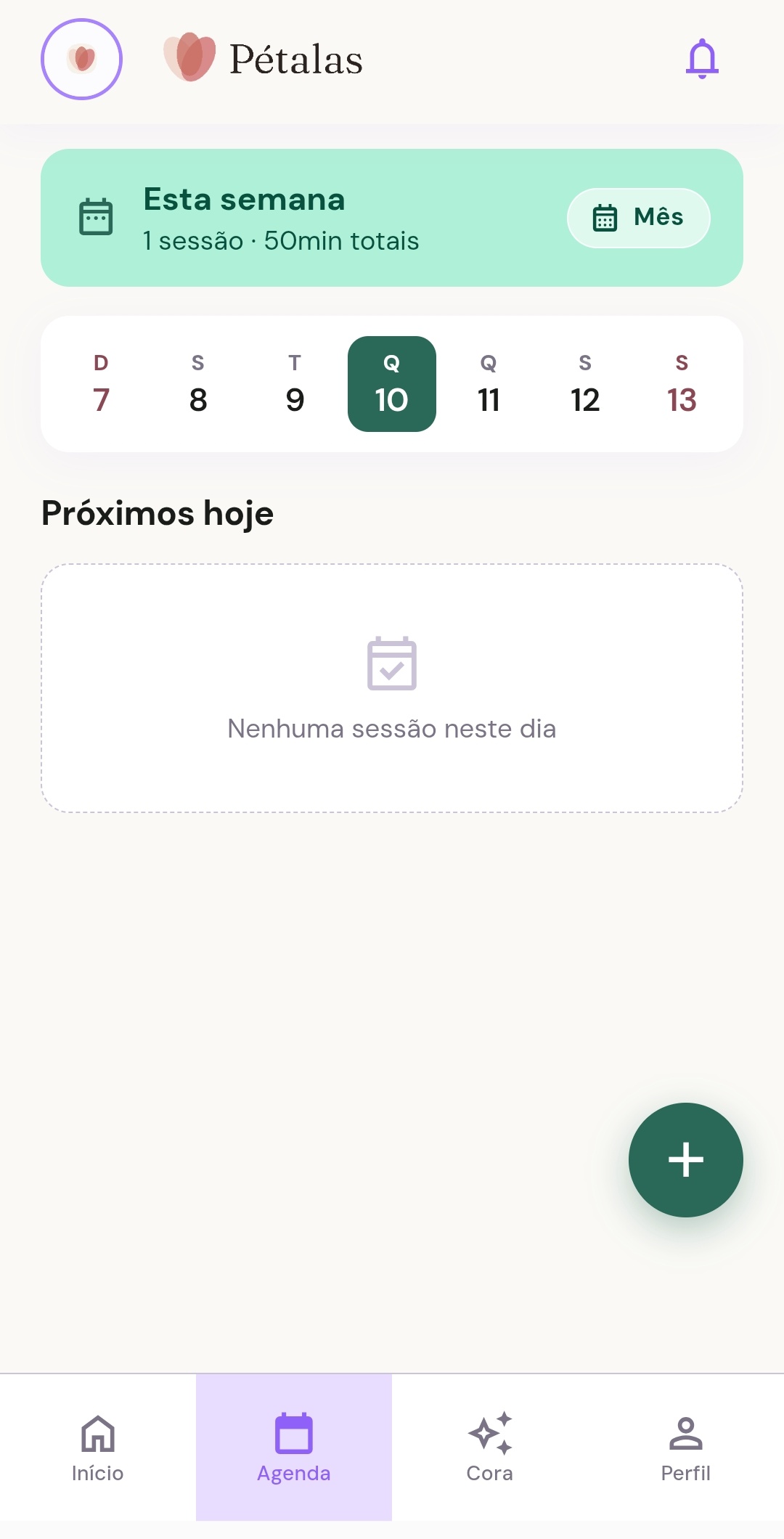 Tela de Agenda do Pétalas com resumo da semana e sessões do dia