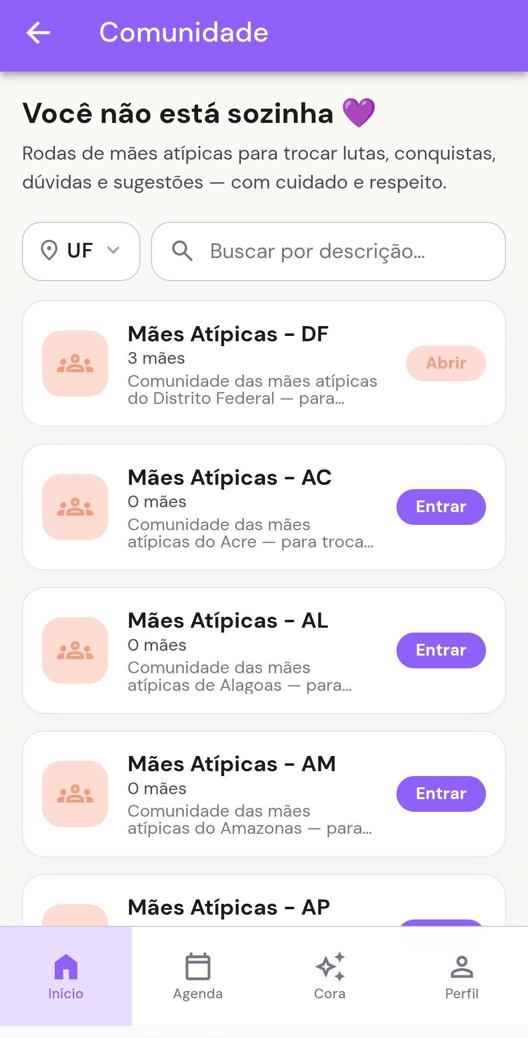 Tela de Comunidade do Pétalas com rodas de mães atípicas organizadas por estado