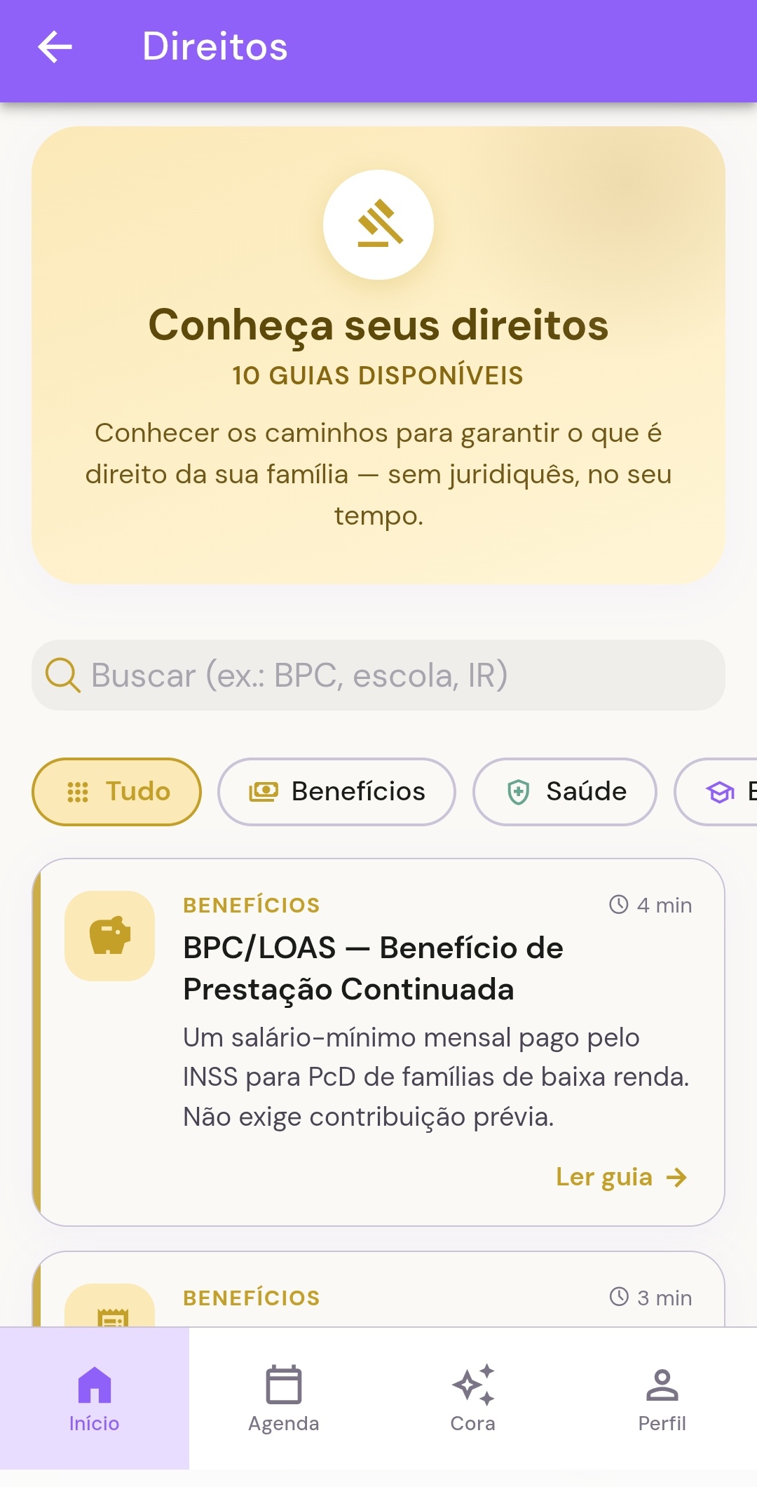Tela de Direitos do Pétalas com guias sobre BPC, benefícios e saúde
