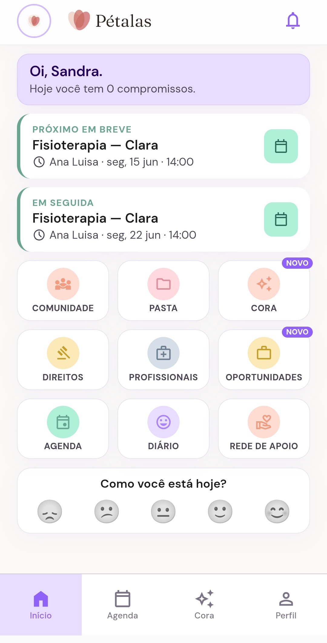Tela inicial do Pétalas com saudação, próximas sessões de fisioterapia e atalhos para os módulos